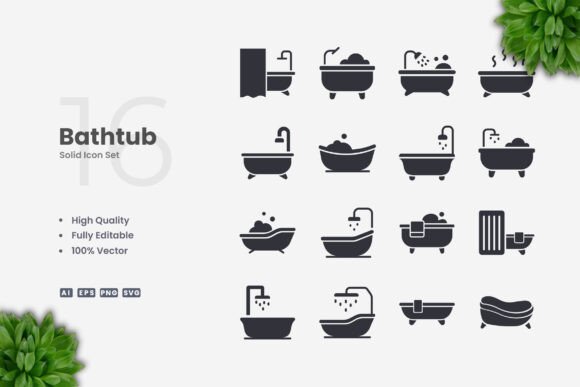 Bathtub Solid Icons for Crafting and Business